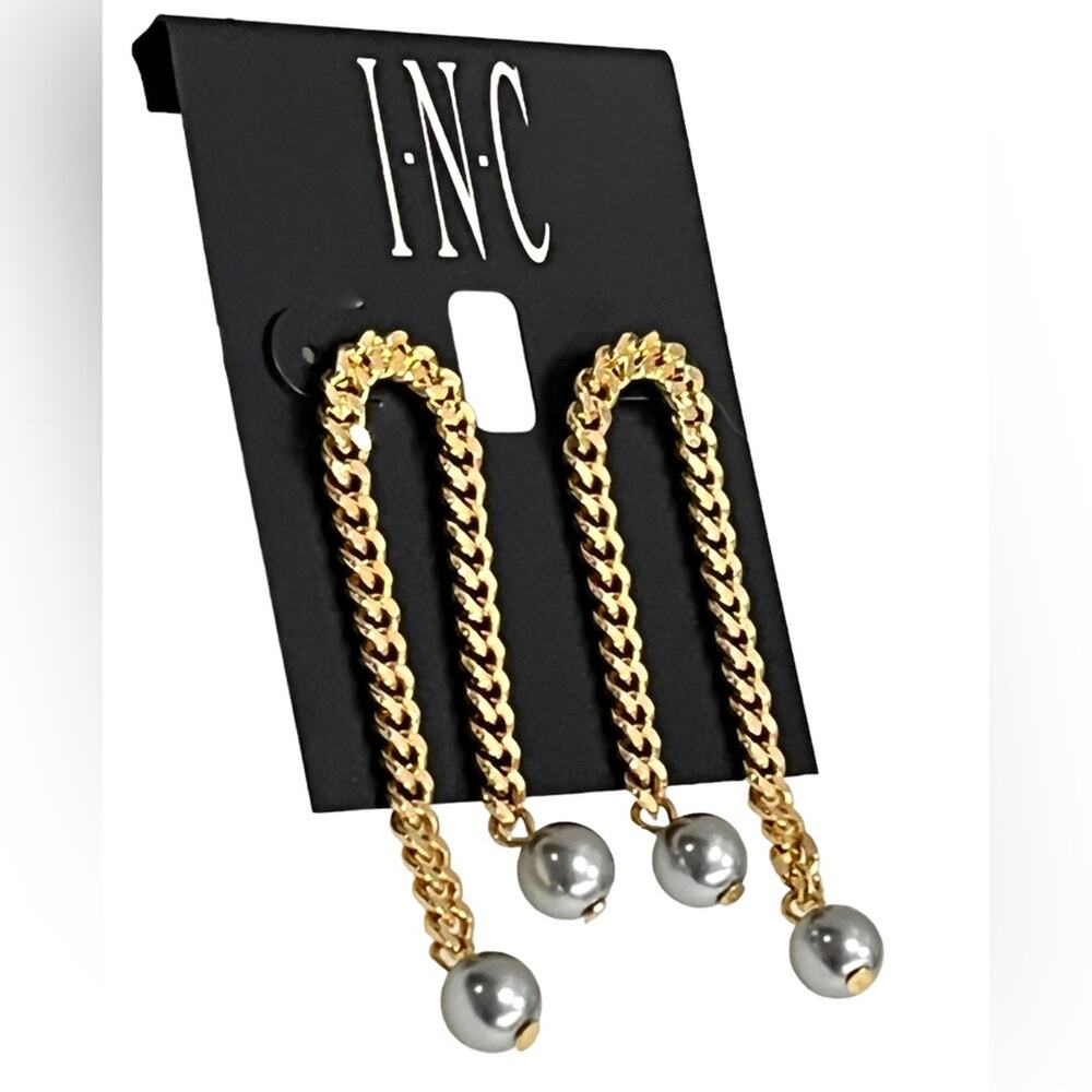 NEW INC Gray Ball TOWER EARRINGS Gold Link Chain 2.5” Dangle Drop Posts On Card!